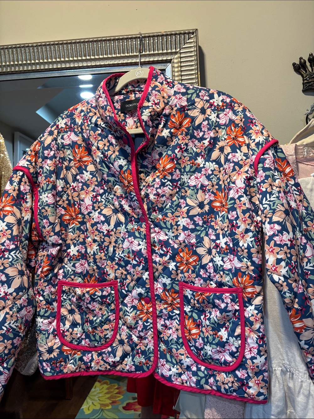 Dokotoo Navy Floral Quilted Puffer Jacket with Pink Trim